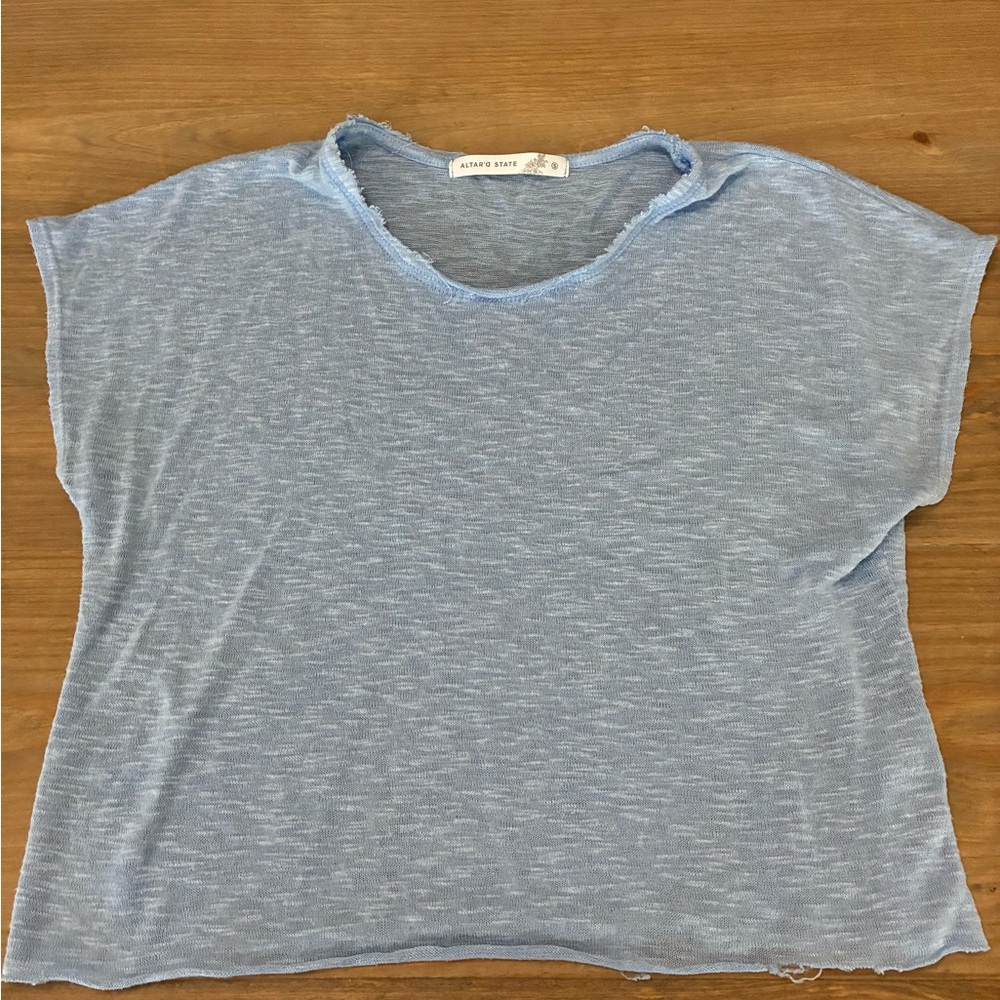 Altar’d State blue semi-sheer “burnout” fabric white top